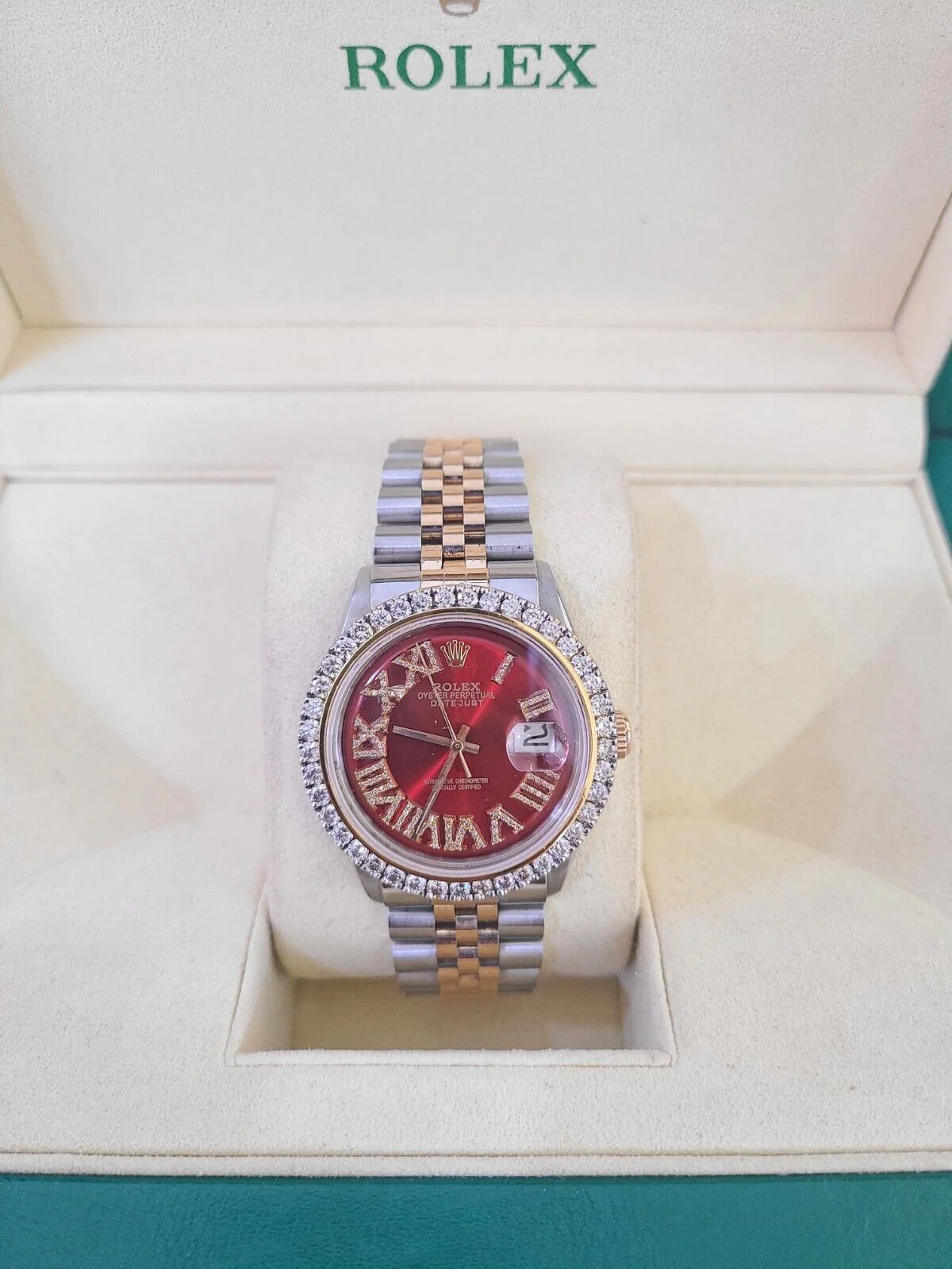 ROLEX Datejust Stainless Watch Red Roman Dial Diamond Bezel 36mm For Men - Image 3