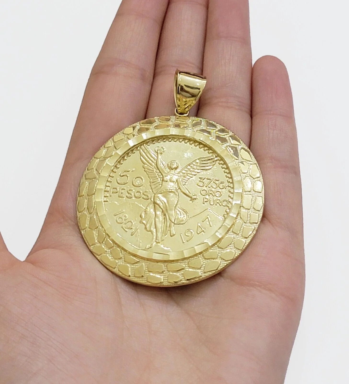 Solid 10k Gold Pendant Replica Nugget 50 Peso 1947 Mexican Centenaro Charm Style - Image 6