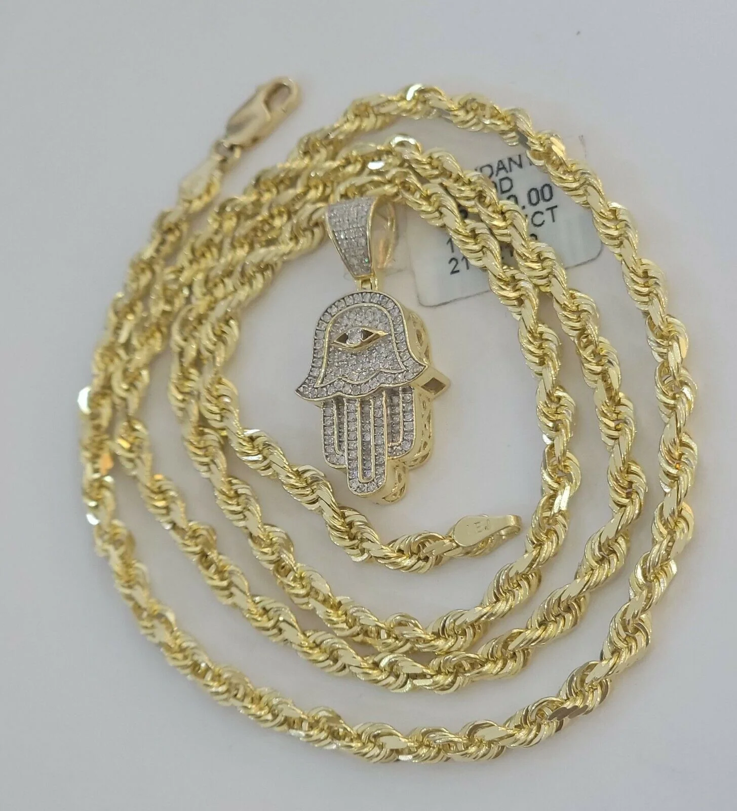 Solid 10k Gold Rope Chain Diamond Pendant Hamza Hand Charm Necklace 22" SET REAL - Image 5