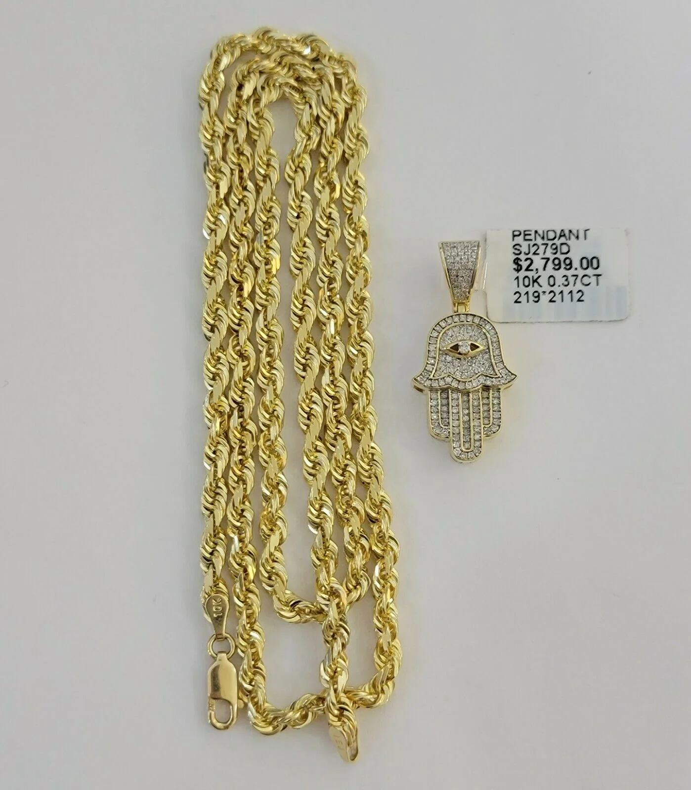 Solid 10k Gold Rope Chain Diamond Pendant Hamza Hand Charm Necklace 22" SET REAL - Image 8