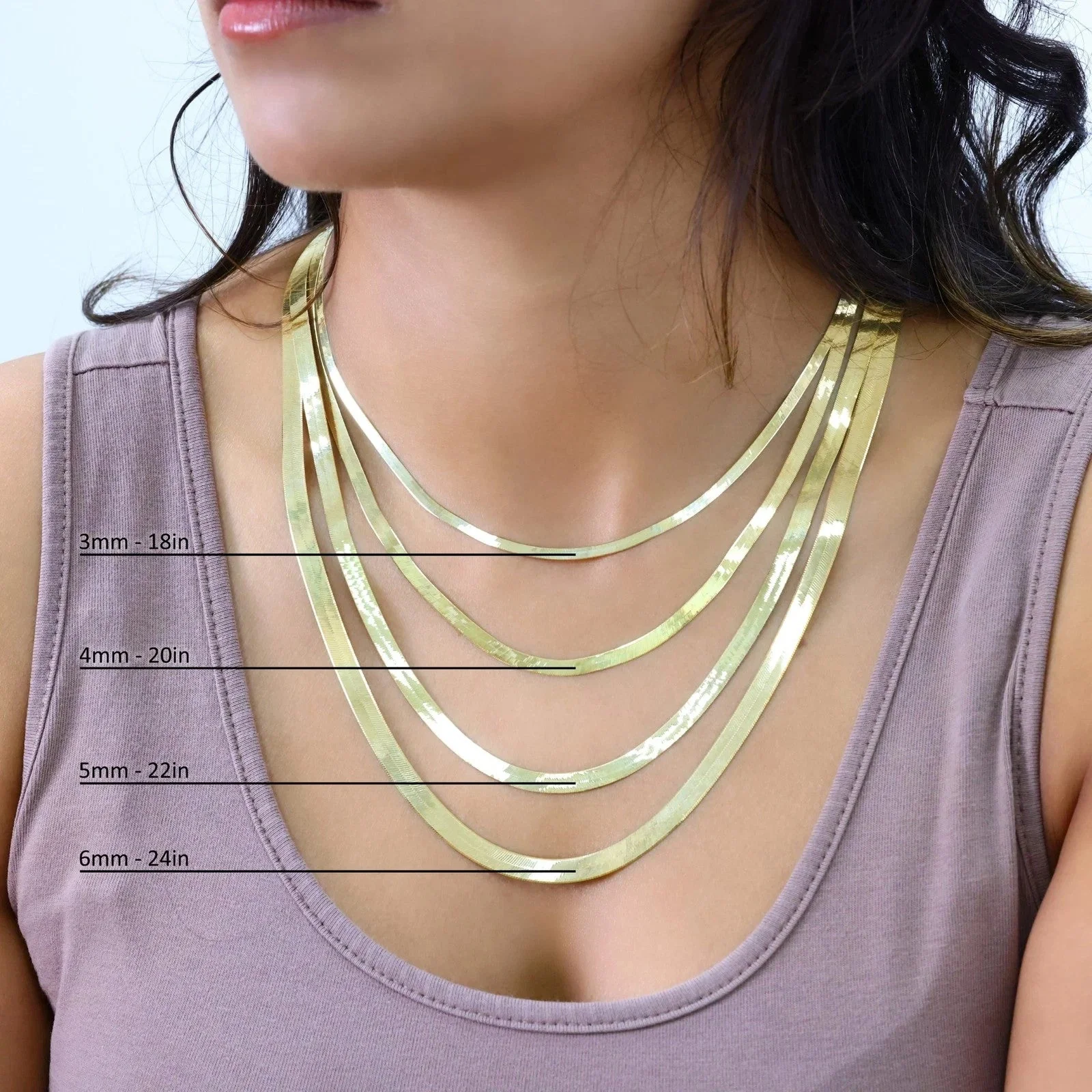 Solid 10K Yellow Gold 3mm-9mm Flat Herringbone Chain Necklace Women Men 16"- 24" - Image 5