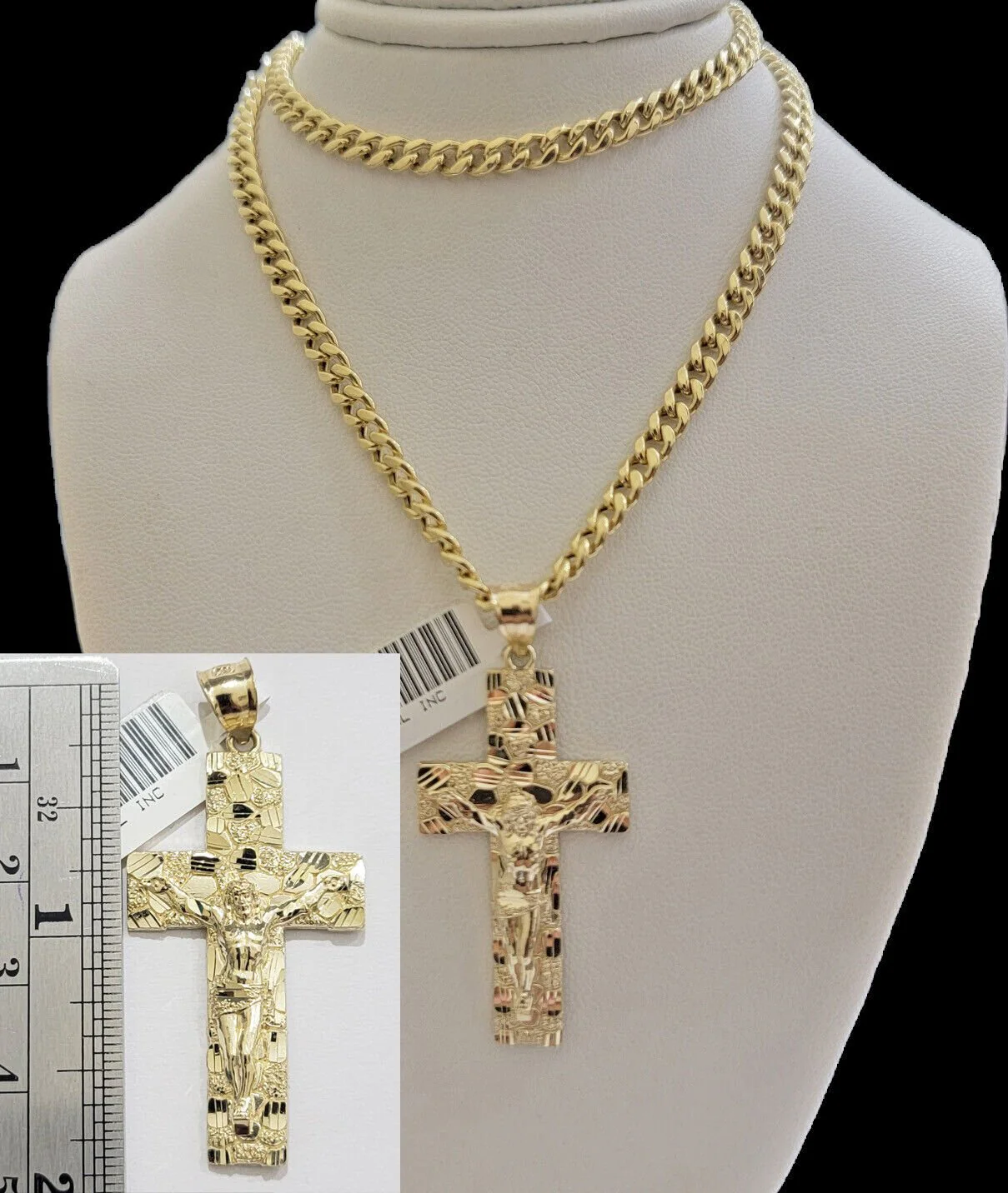 Solid 10k Yellow Gold Cuban link Chain & Nugget Charm Pendant Necklace 4mm 26 Inch