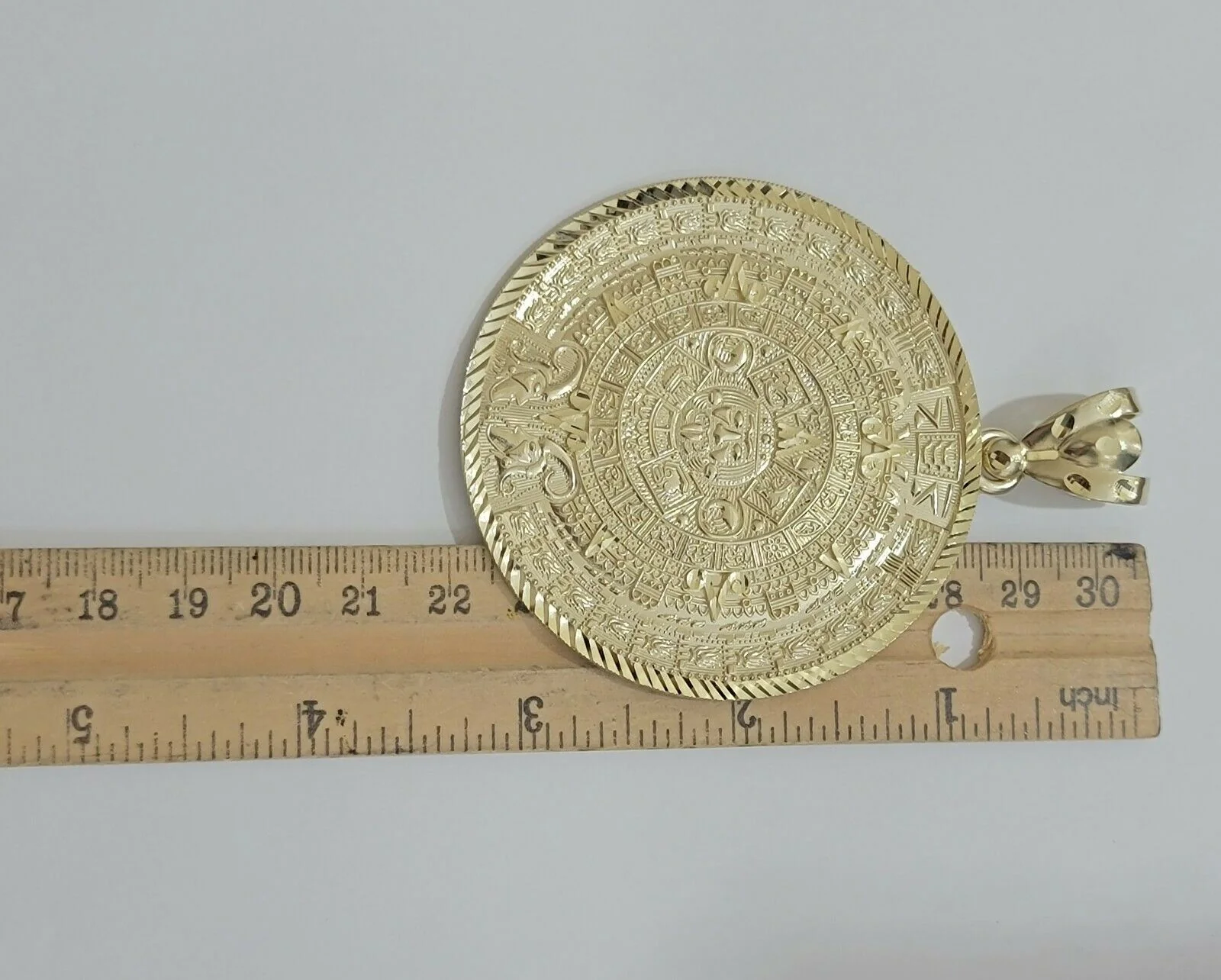SOLID Real 10kt Yellow Gold Pendant Aztec Mayan Calendar 3" Men Charm 41-44 Gram - Image 2