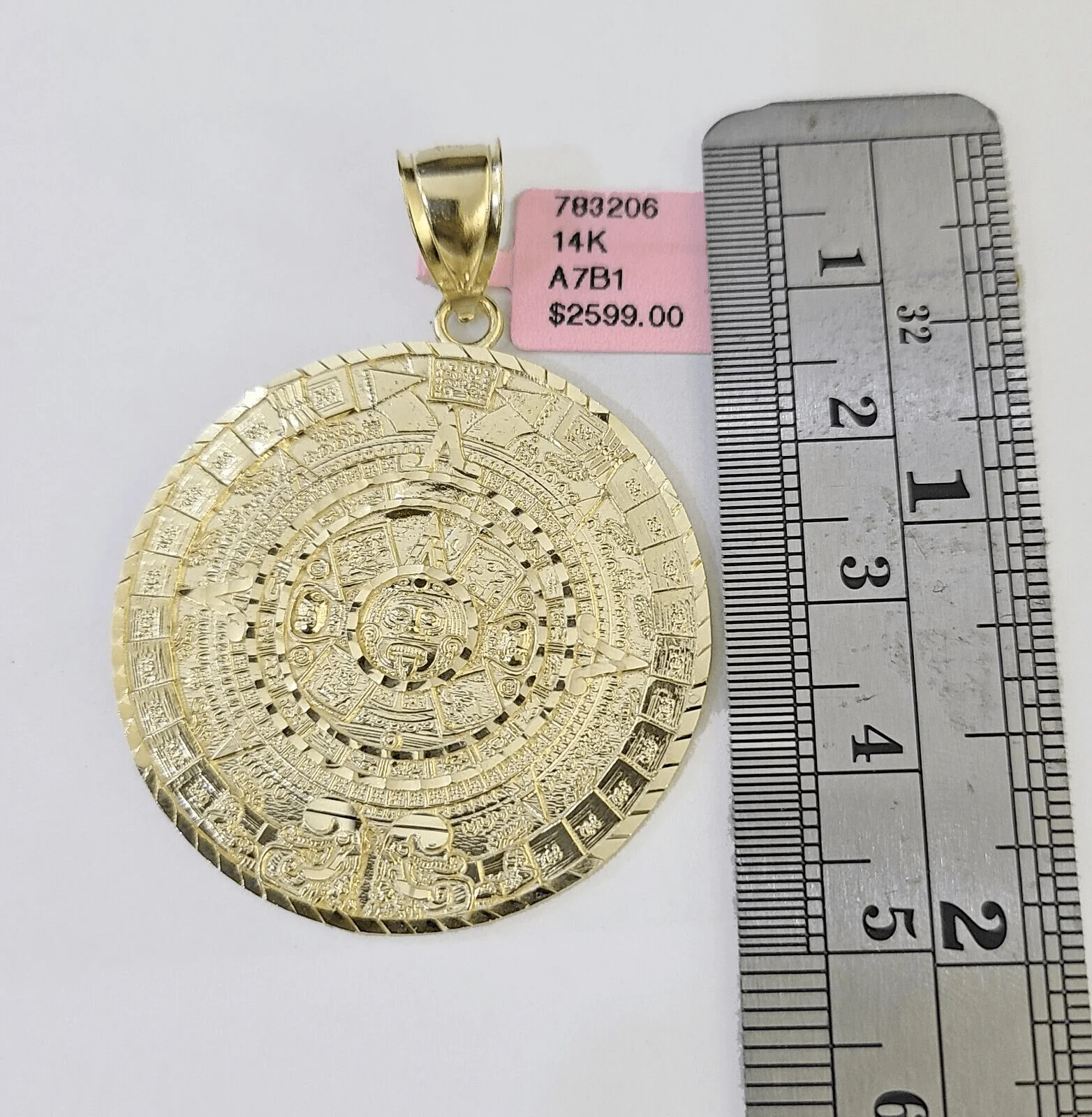 SOLID Real 14k Gold Charm Pendant Aztec Mayan Calendar 2" Men's Round Style 14k - Image 2