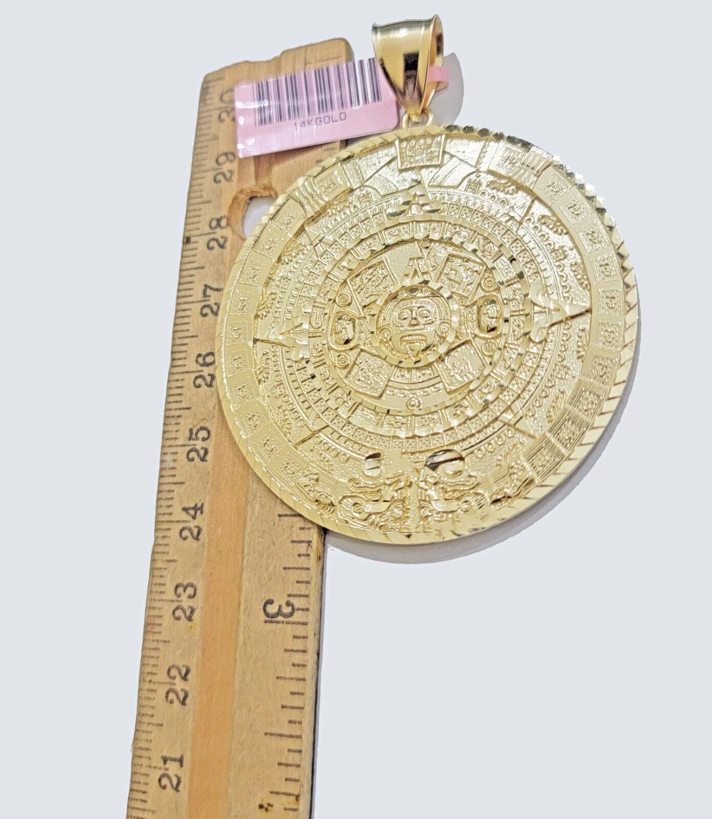 SOLID Real 14kt Yellow Gold Pendant Aztec Mayan Calendar 2.5" Men's Round Charm - Image 6