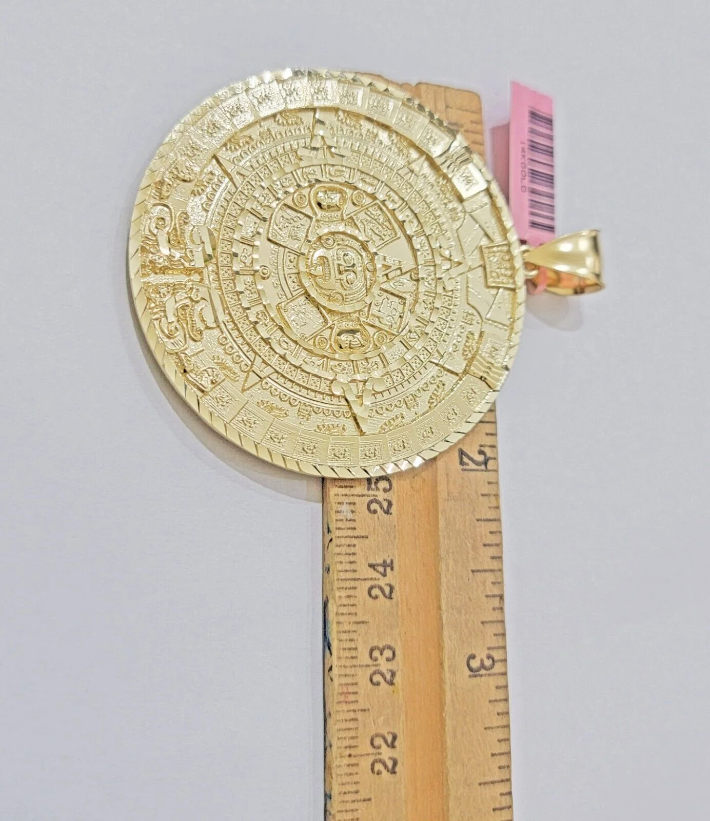 SOLID Real 14kt Yellow Gold Pendant Aztec Mayan Calendar 3.2" Men's Round Charm - Image 3