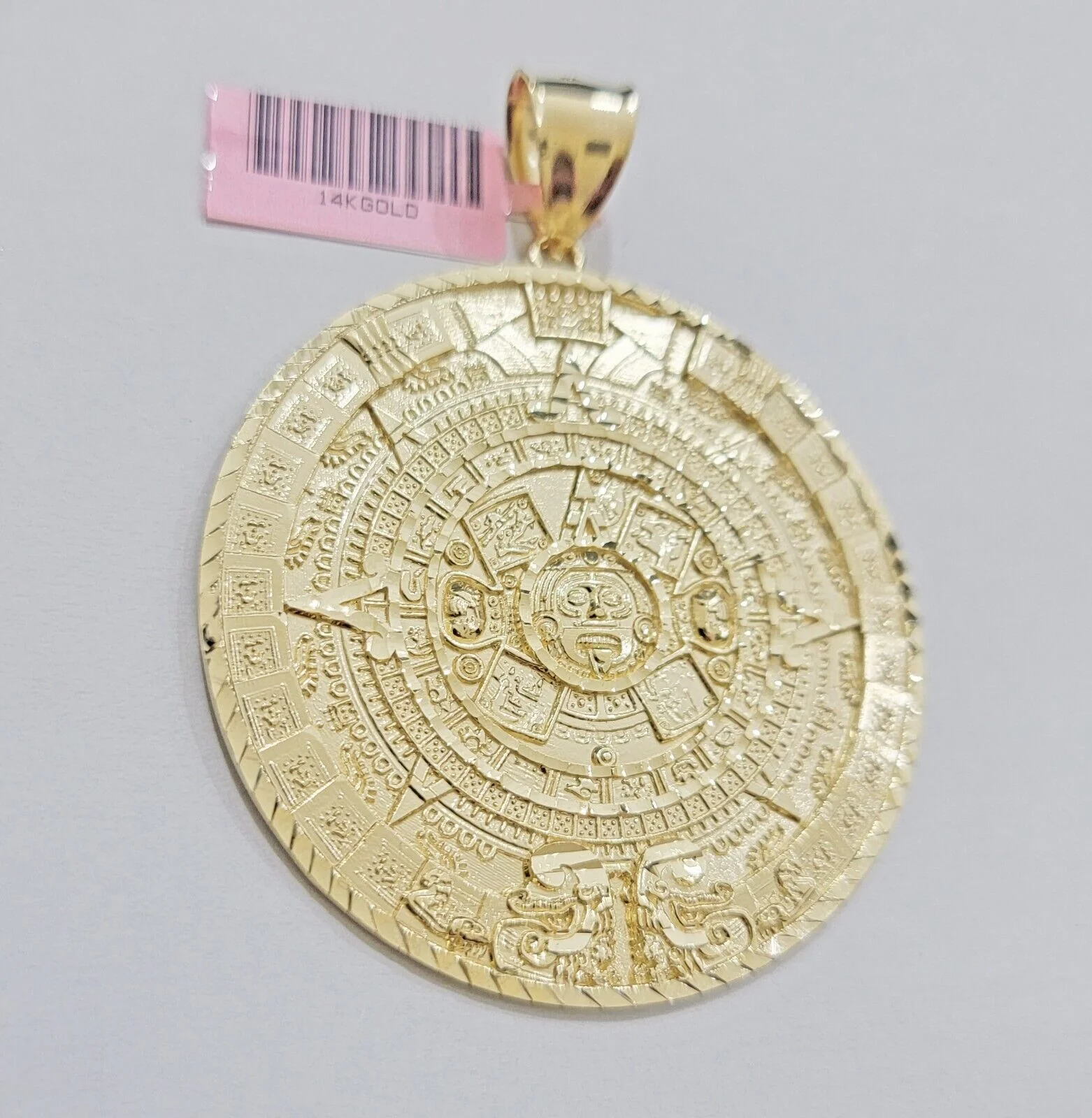 SOLID Real 14kt Yellow Gold Pendant Aztec Mayan Calendar 3.2" Men's Round Charm - Image 5
