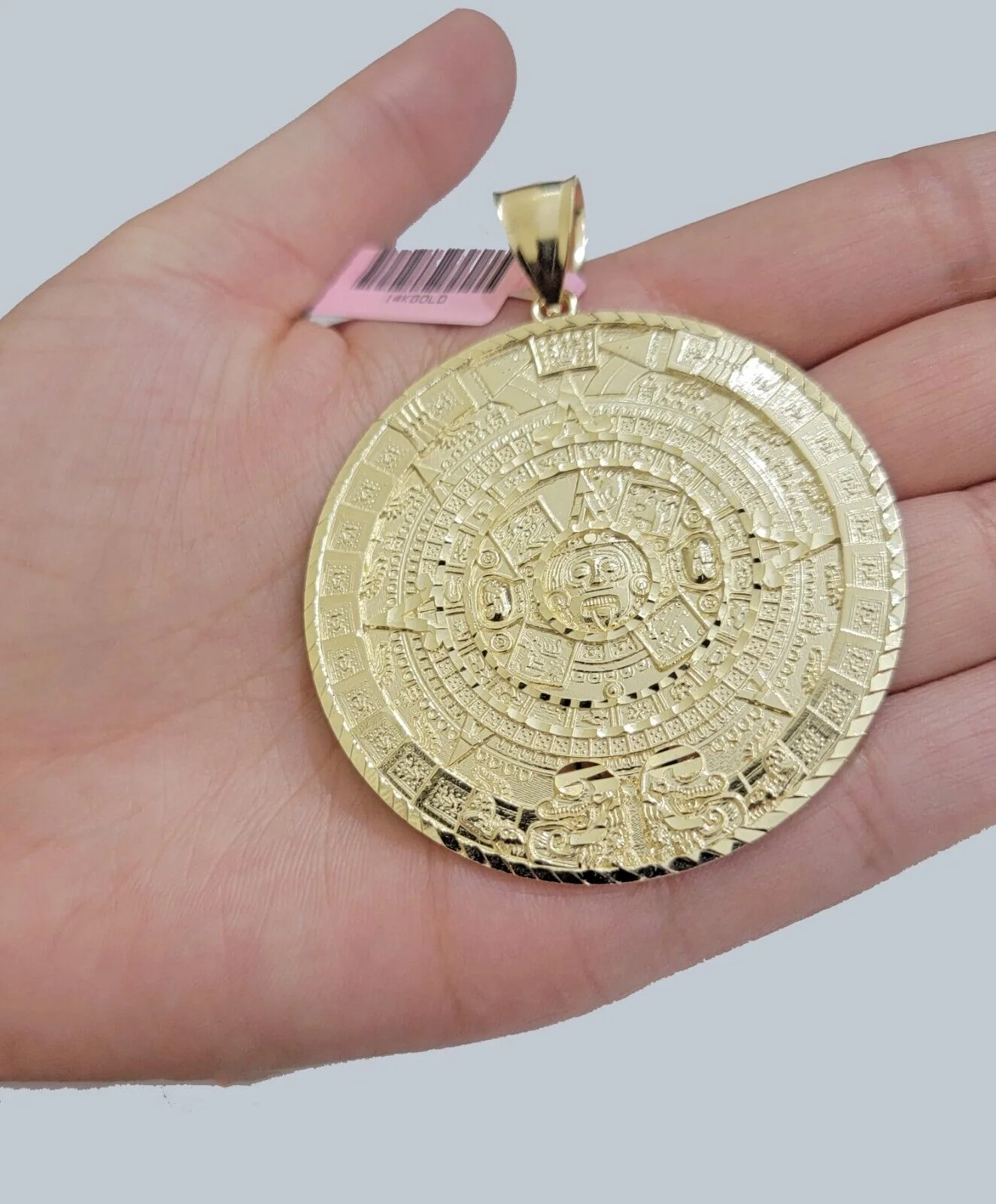 SOLID Real 14kt Yellow Gold Pendant Aztec Mayan Calendar 3.2" Men's Round Charm - Image 8